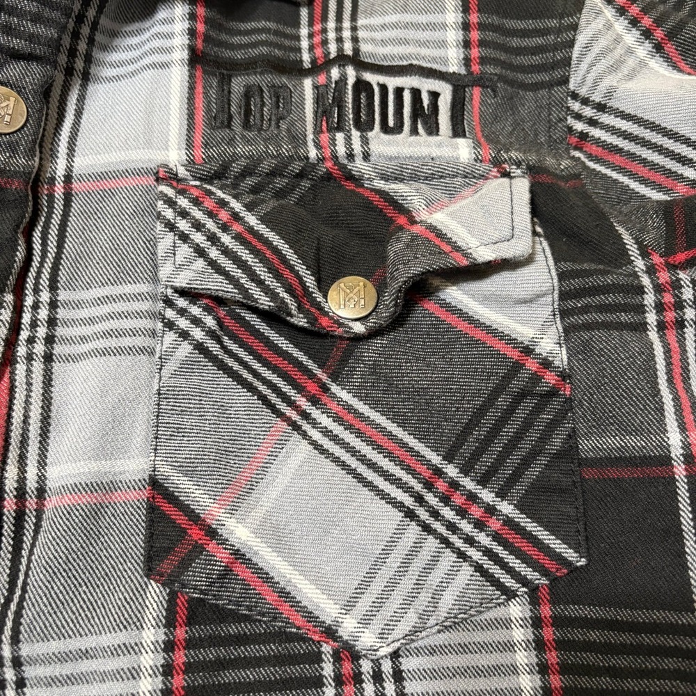 Top Mount Mens Full Zip Snap Grappler Flannel Shirt Size L Black Red Plaid Biker - Picture 5 of 16